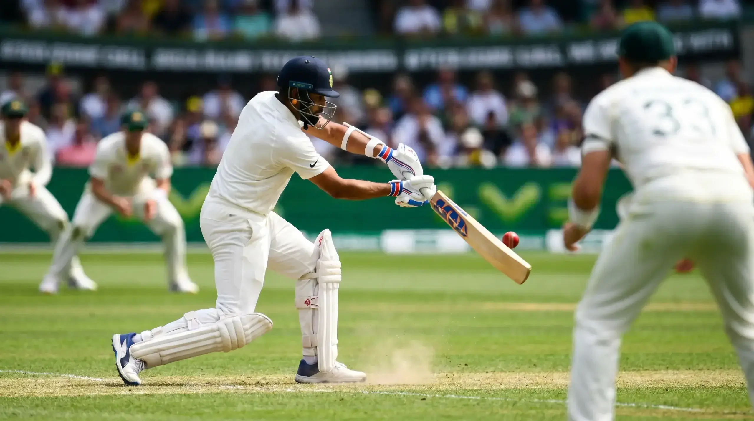 Cricket batsman playing a shot during a professional match