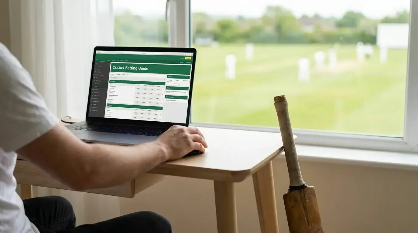 Person placing a cricket bet on a laptop with a cricket pitch visible through a window
