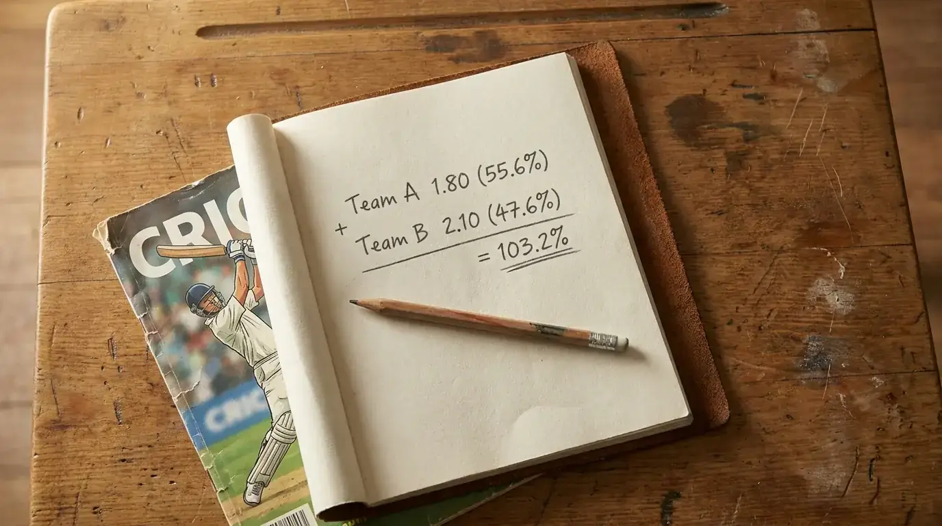Notebook page with a handwritten overround calculation for a two-outcome cricket market
