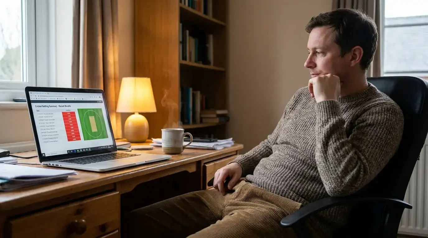 Person pausing thoughtfully at a desk while reviewing cricket betting results on screen