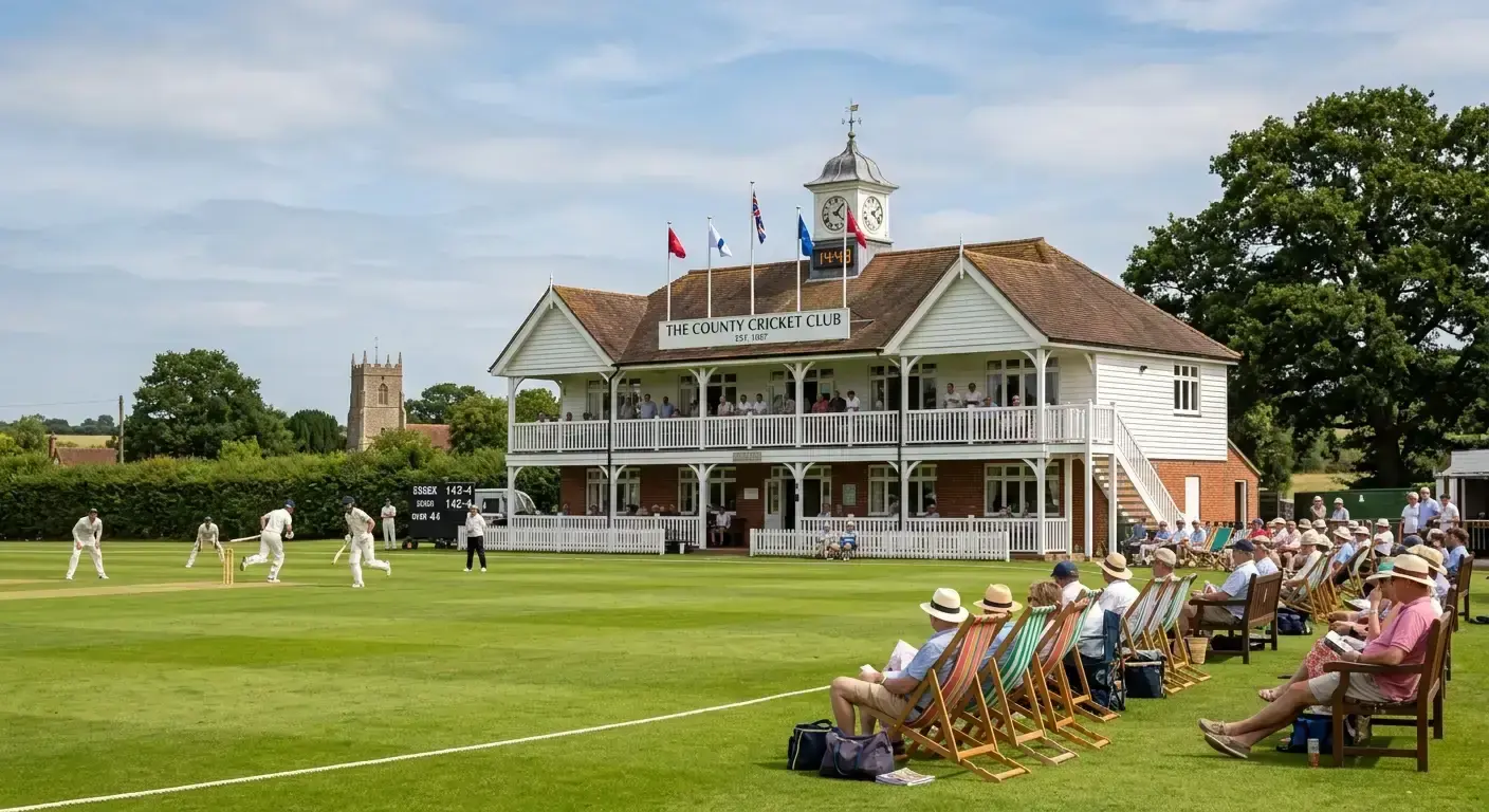 Traditional English county cricket ground with pavilion