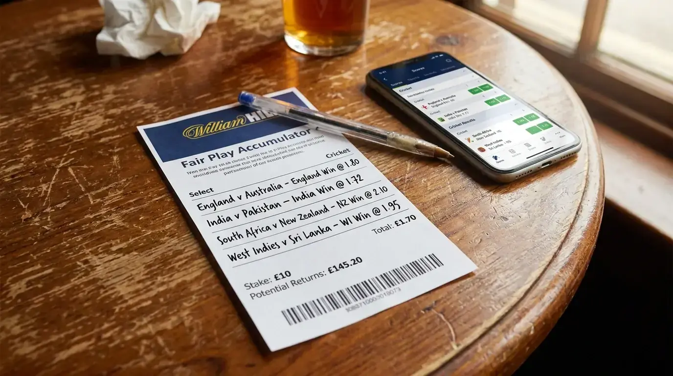Cricket accumulator betting slip showing multiple match selections