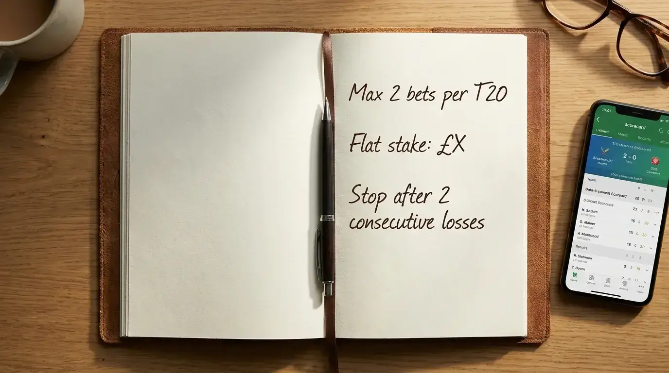 Notebook with a handwritten in-play betting plan listing maximum bets per match