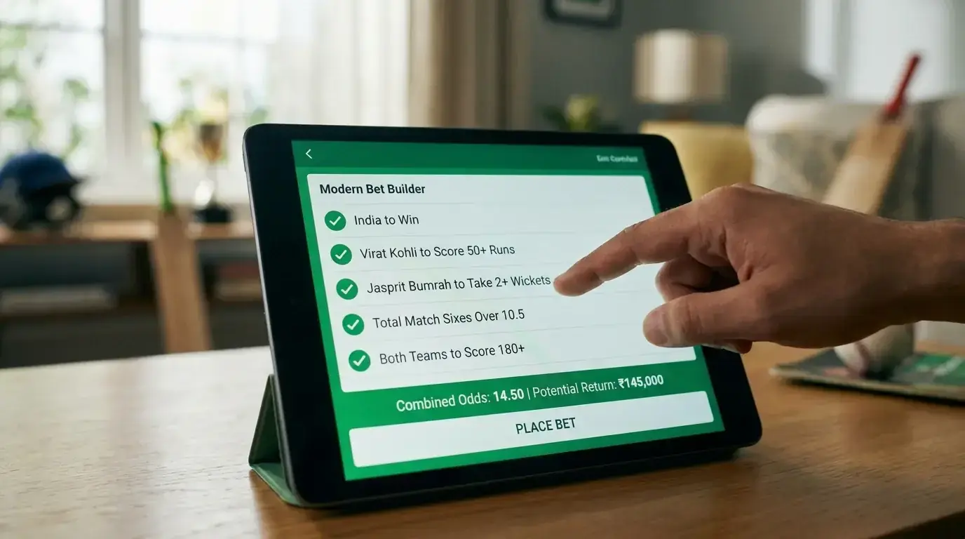 Cricket bet builder interface showing combined match selections