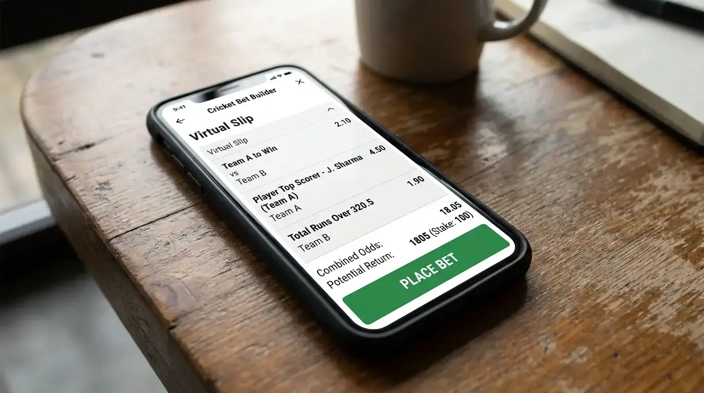 Mobile app screen showing a cricket bet builder with multiple combined selections