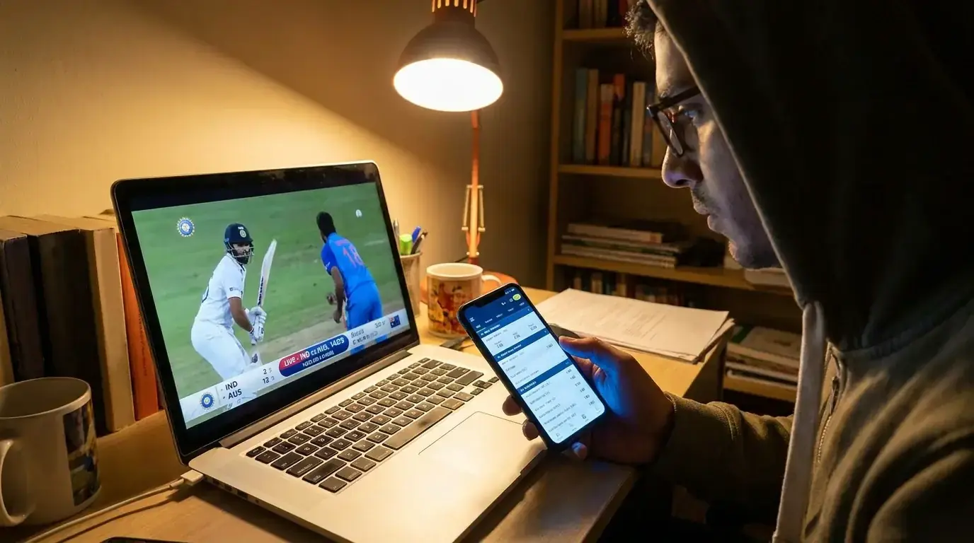 Person watching a live cricket stream on a laptop while checking odds on a phone