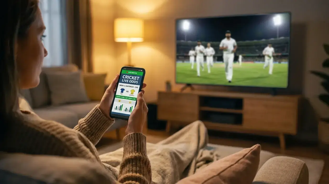 Person holding a smartphone showing a cricket betting app with a match in the background