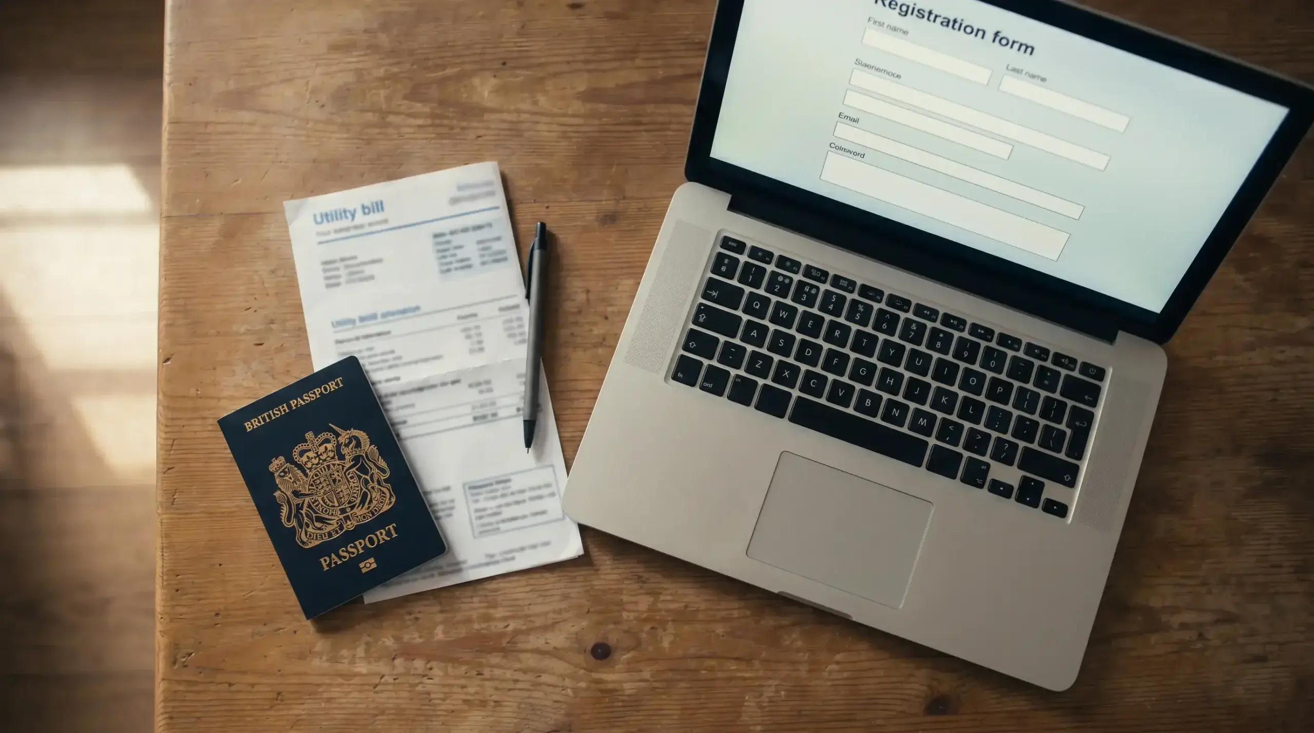 Passport and utility bill laid on a desk next to a laptop displaying a registration form