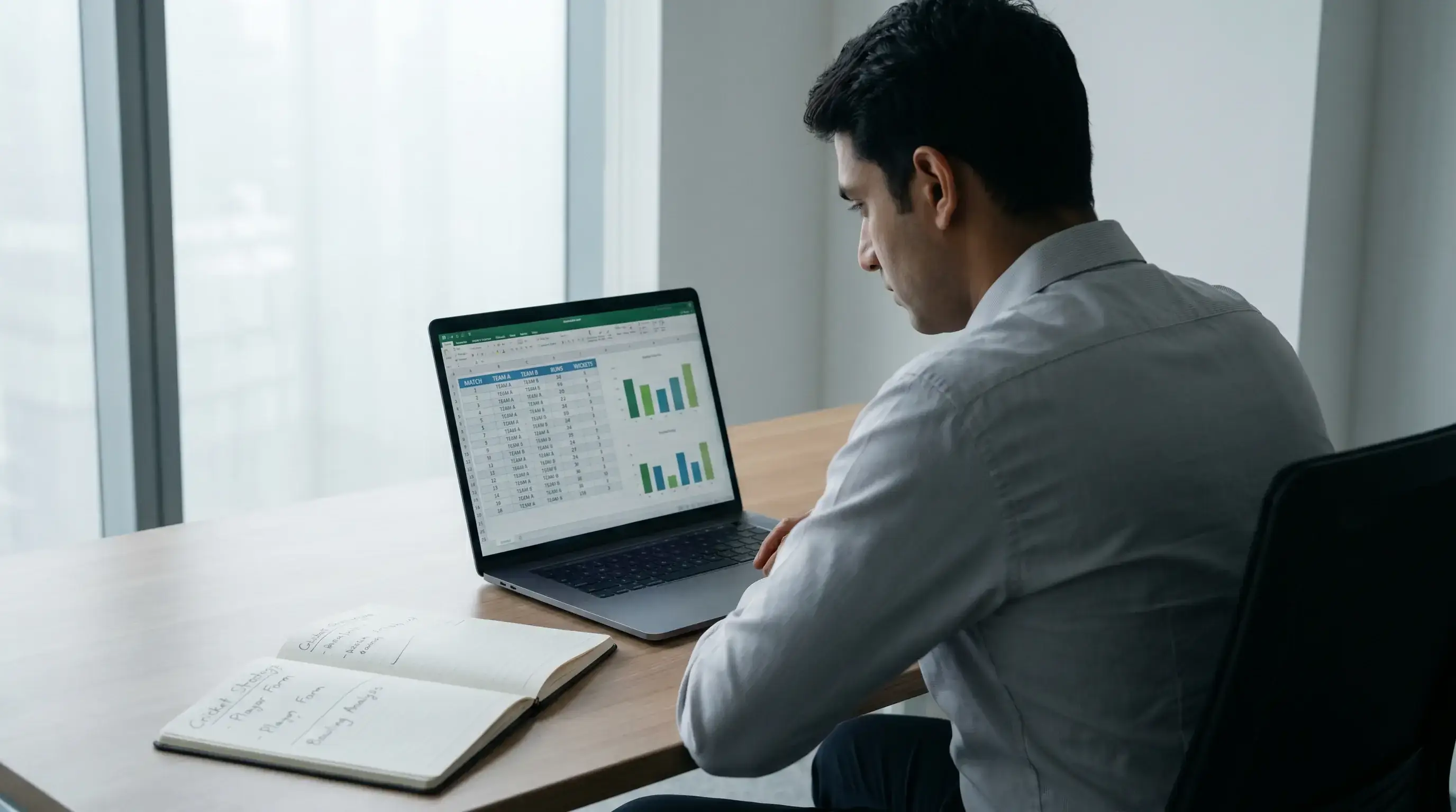 Analyst reviewing cricket betting market data on a laptop screen