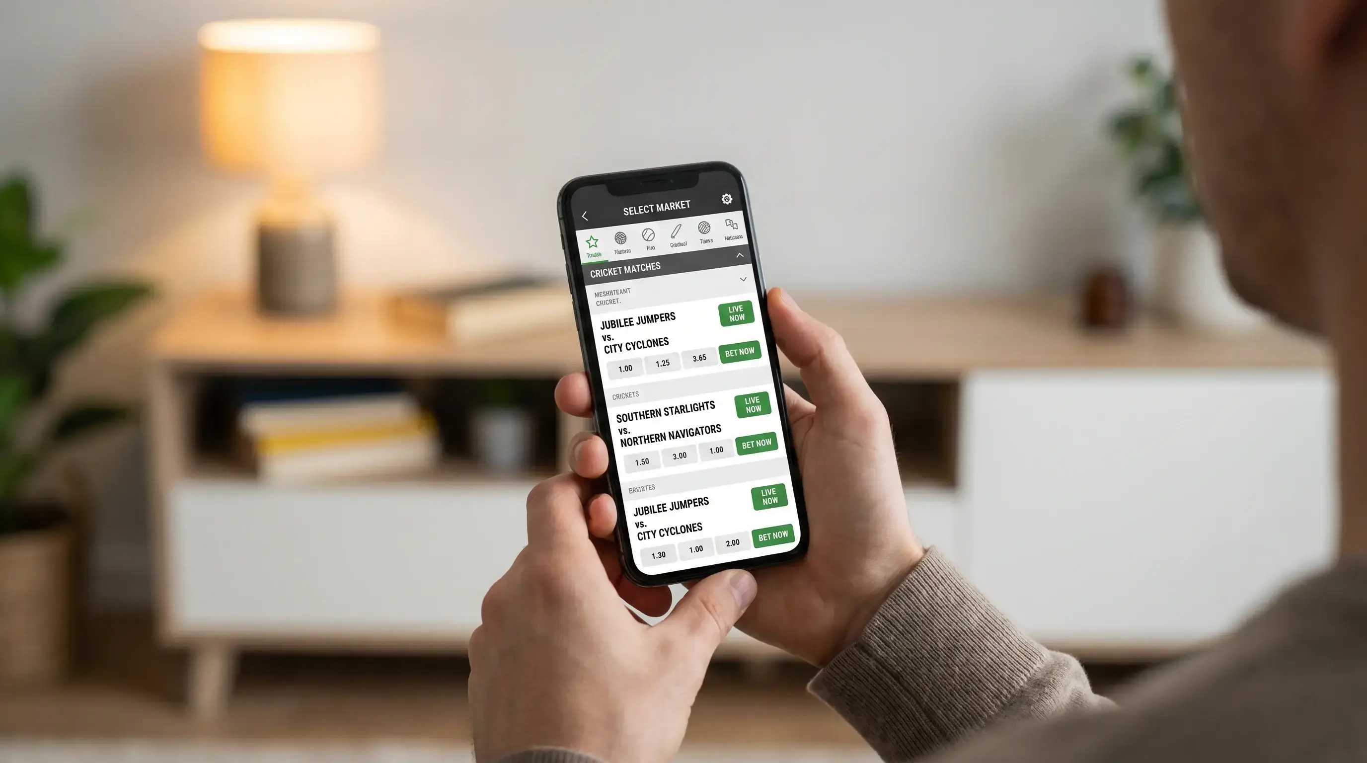 Close-up of a cricket betting slip on a mobile phone showing multiple market selections for a T20 match