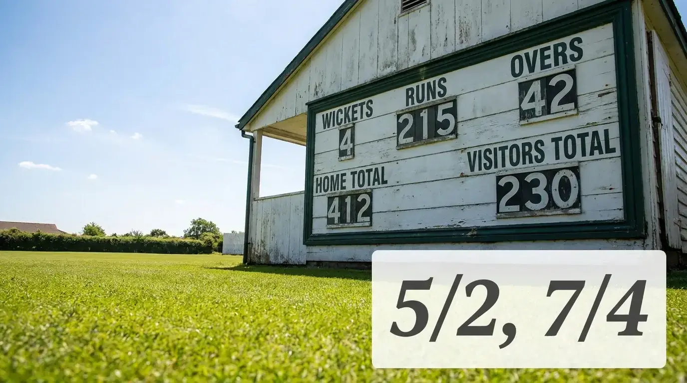 Close-up of a cricket scoreboard with fractional odds overlaid against a green pitch background