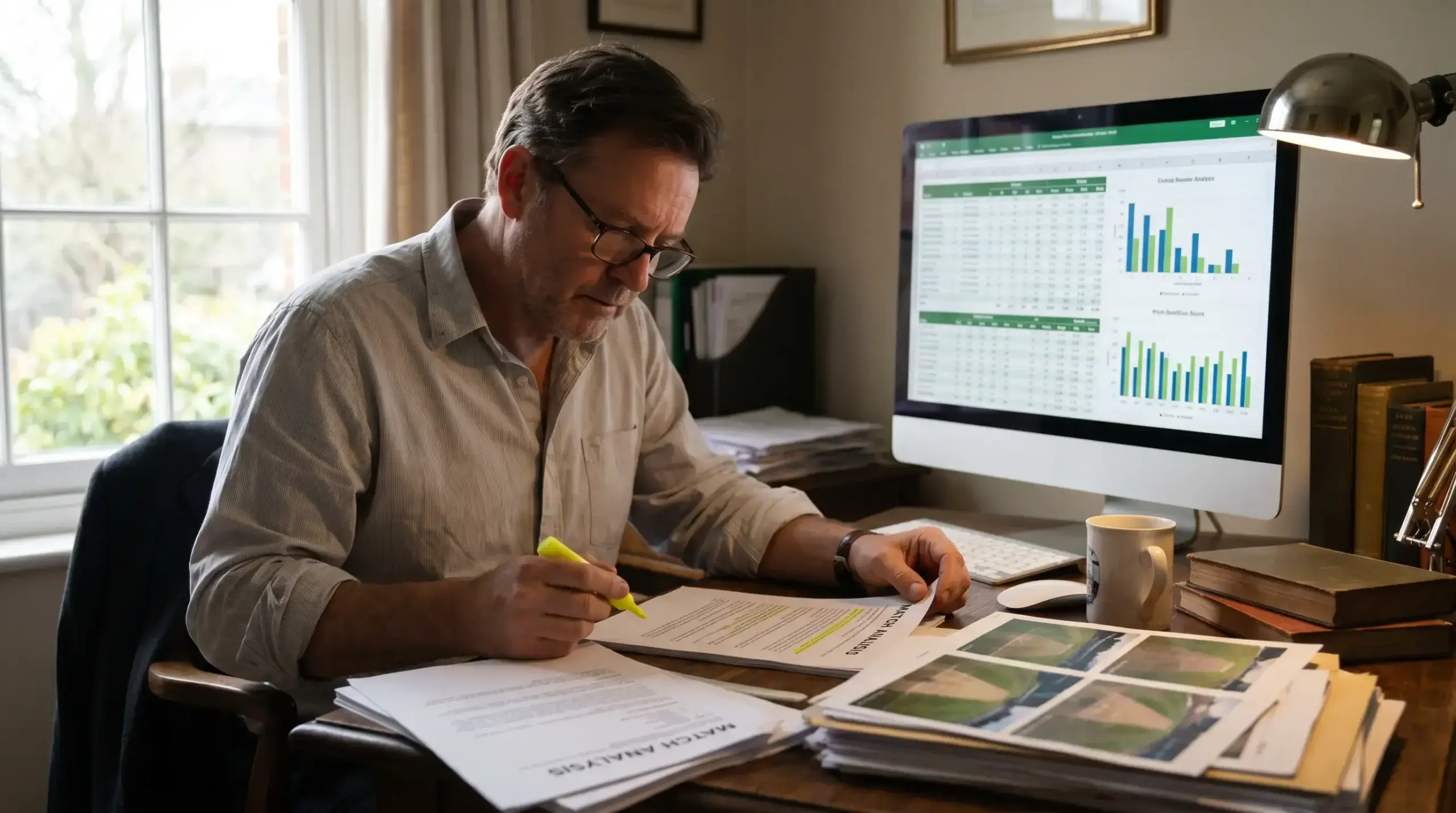 Cricket analyst reviewing match data and pitch conditions on a desk with printed reports