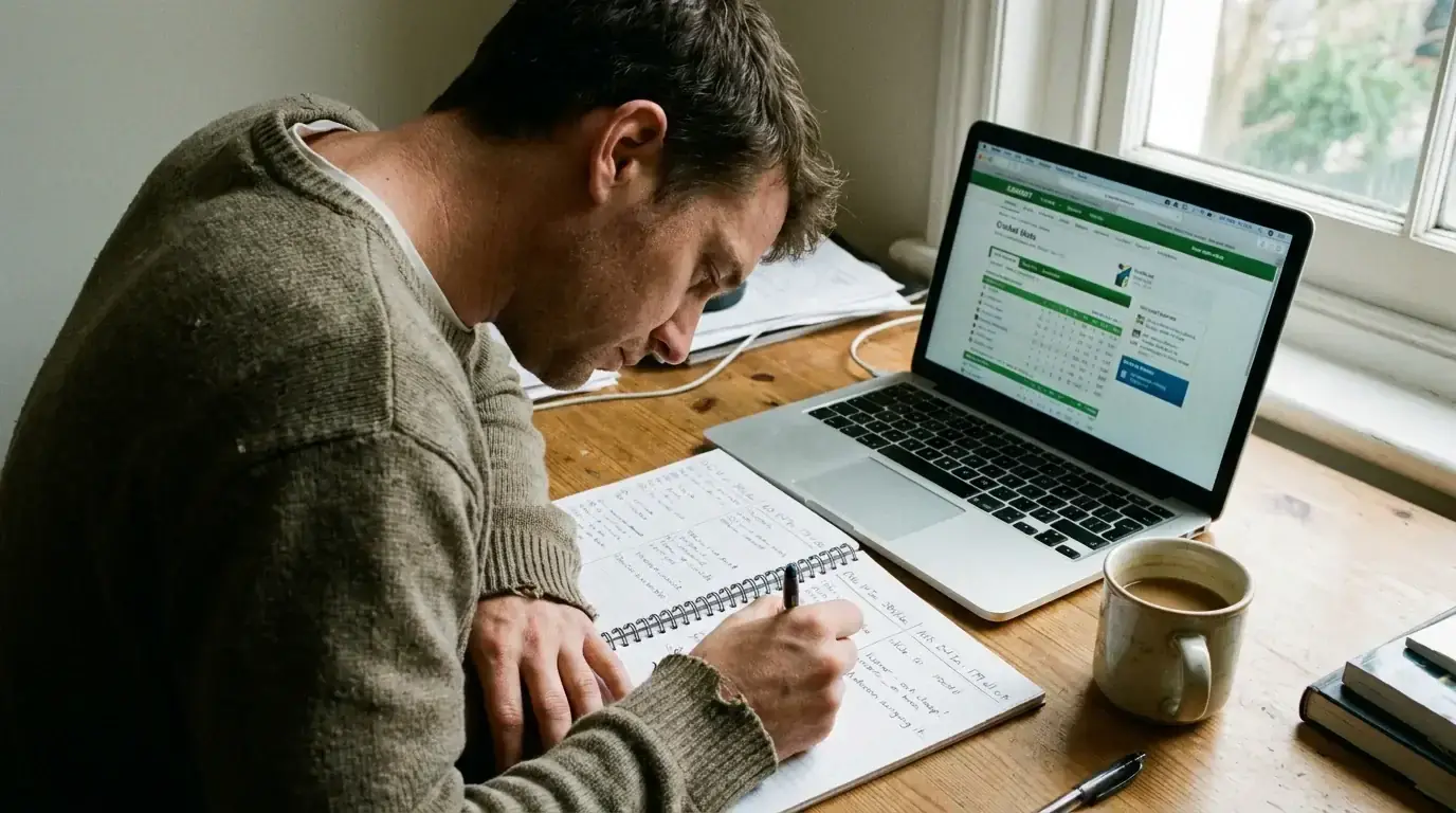 Person reviewing cricket match notes and statistics in a notebook beside a laptop