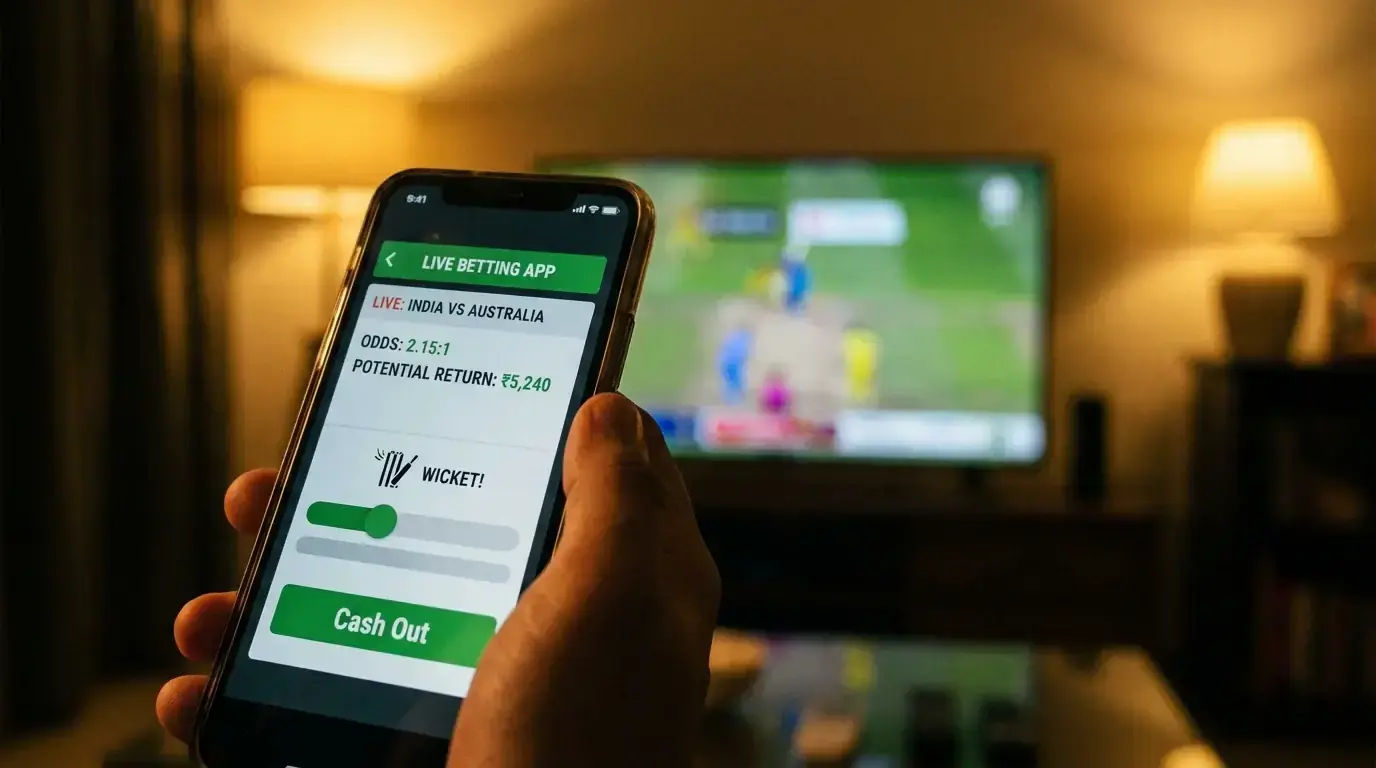 Mobile phone showing a cash-out offer on a live cricket bet slip
