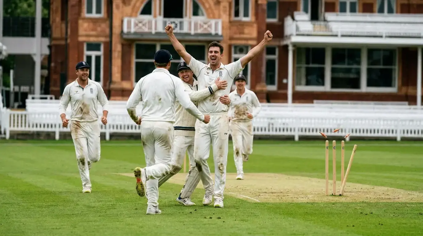 Cricket bowler celebrating a wicket dismissal with teammates