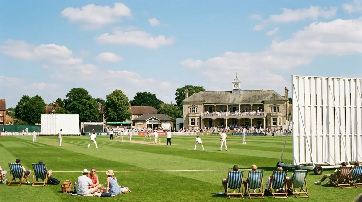 Cricket ground showing a traditional red-ball Test match setup with sight screens and pavilion