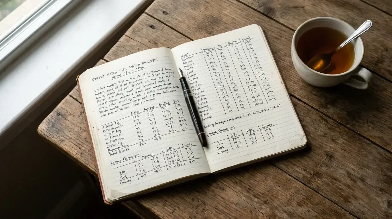 Notebook with cricket league analysis notes for T20 betting research