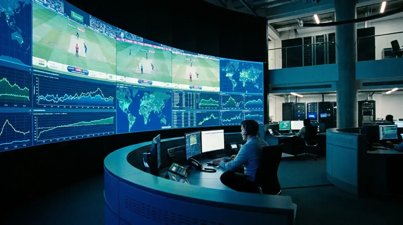 Cricket match official reviewing scoreboard data with anti-corruption monitoring overlay