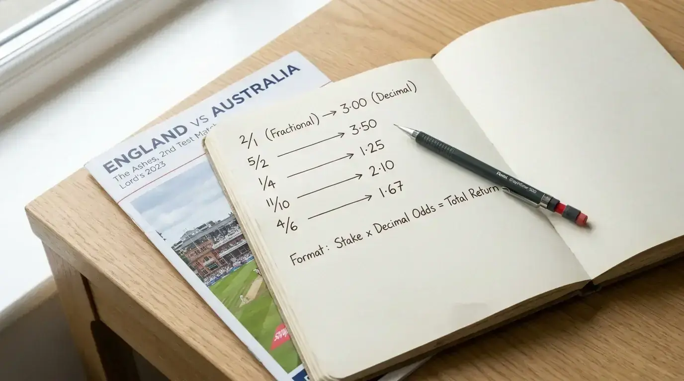 Notepad with handwritten cricket odds conversion examples showing fractional and decimal formats