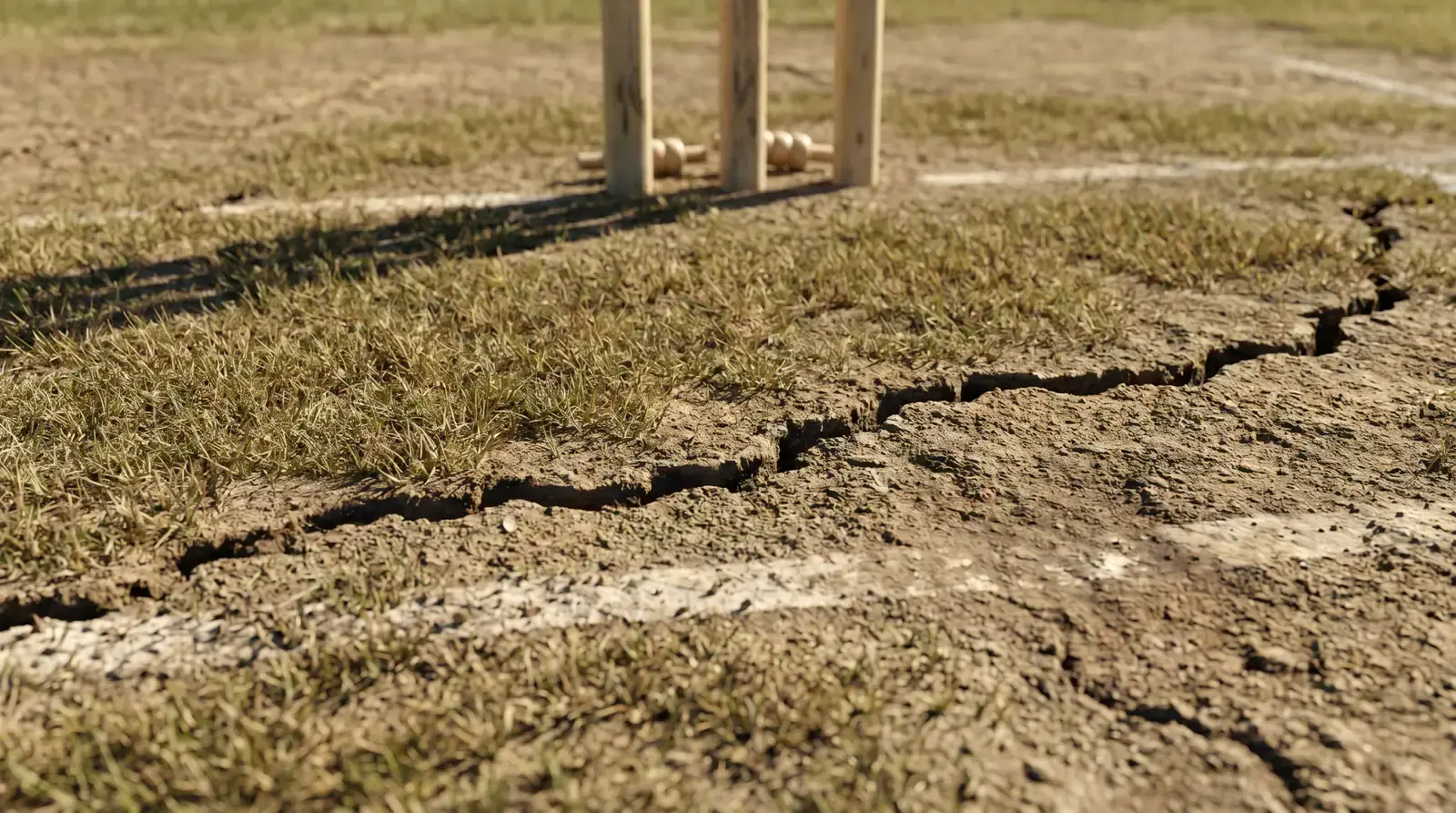 Close-up of a cricket pitch surface showing grass coverage and crack patterns