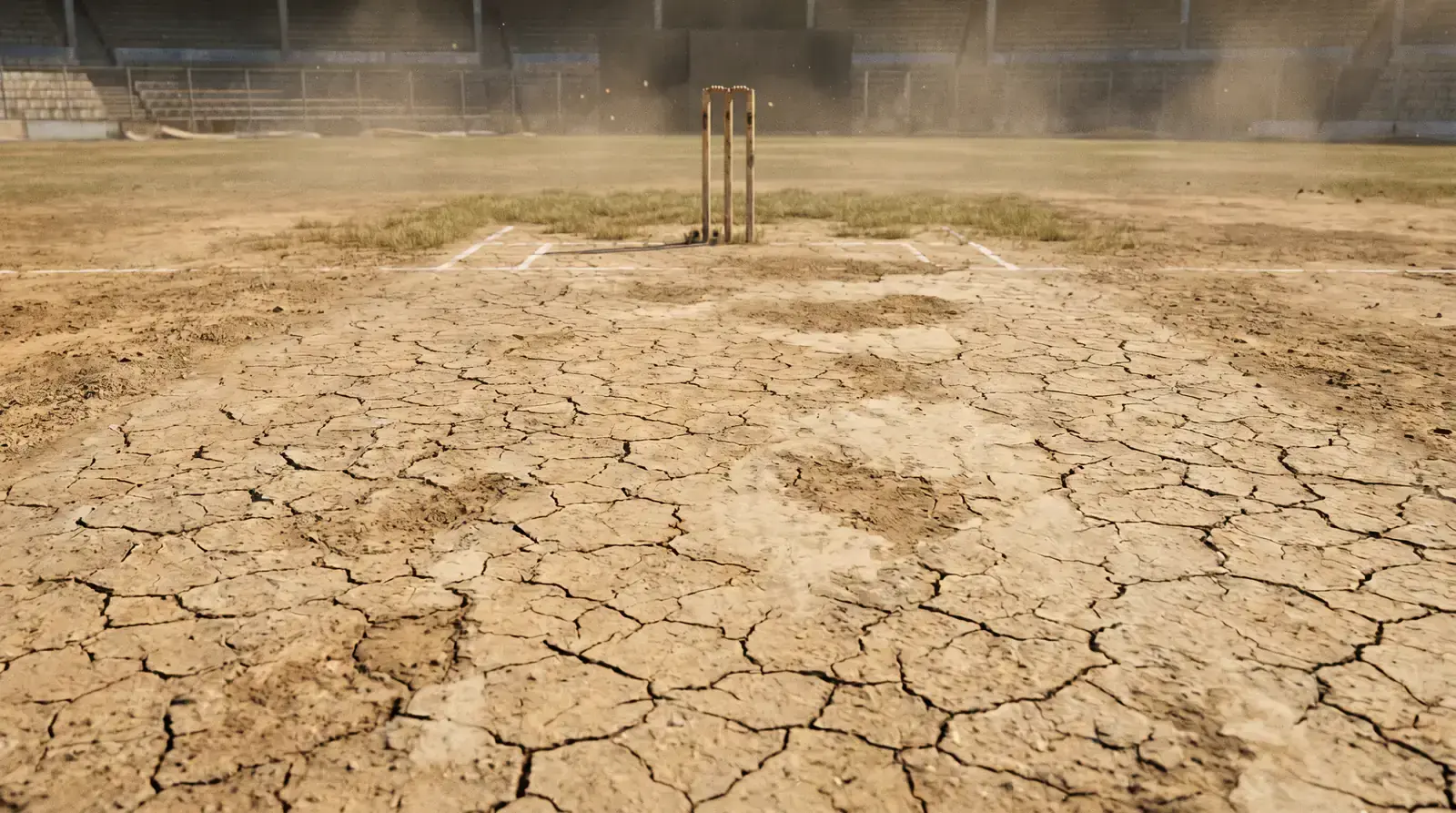 Cricket pitch surface in India showing dry conditions for match analysis