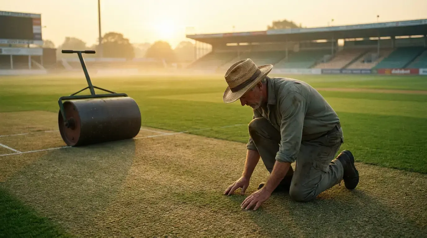 Cricket pitch report showing surface conditions before a match