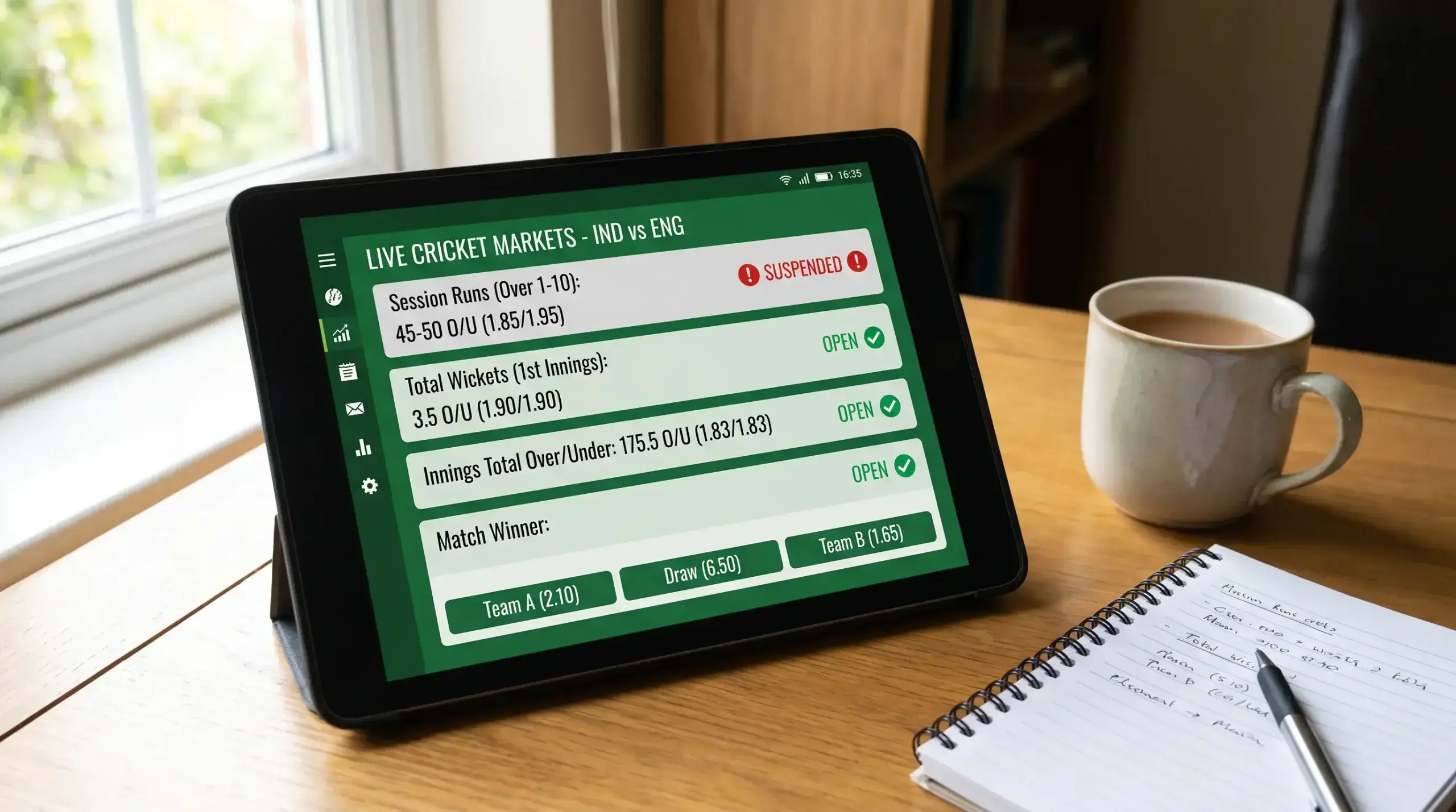 Tablet screen showing a range of in-play cricket markets including session runs and total wickets
