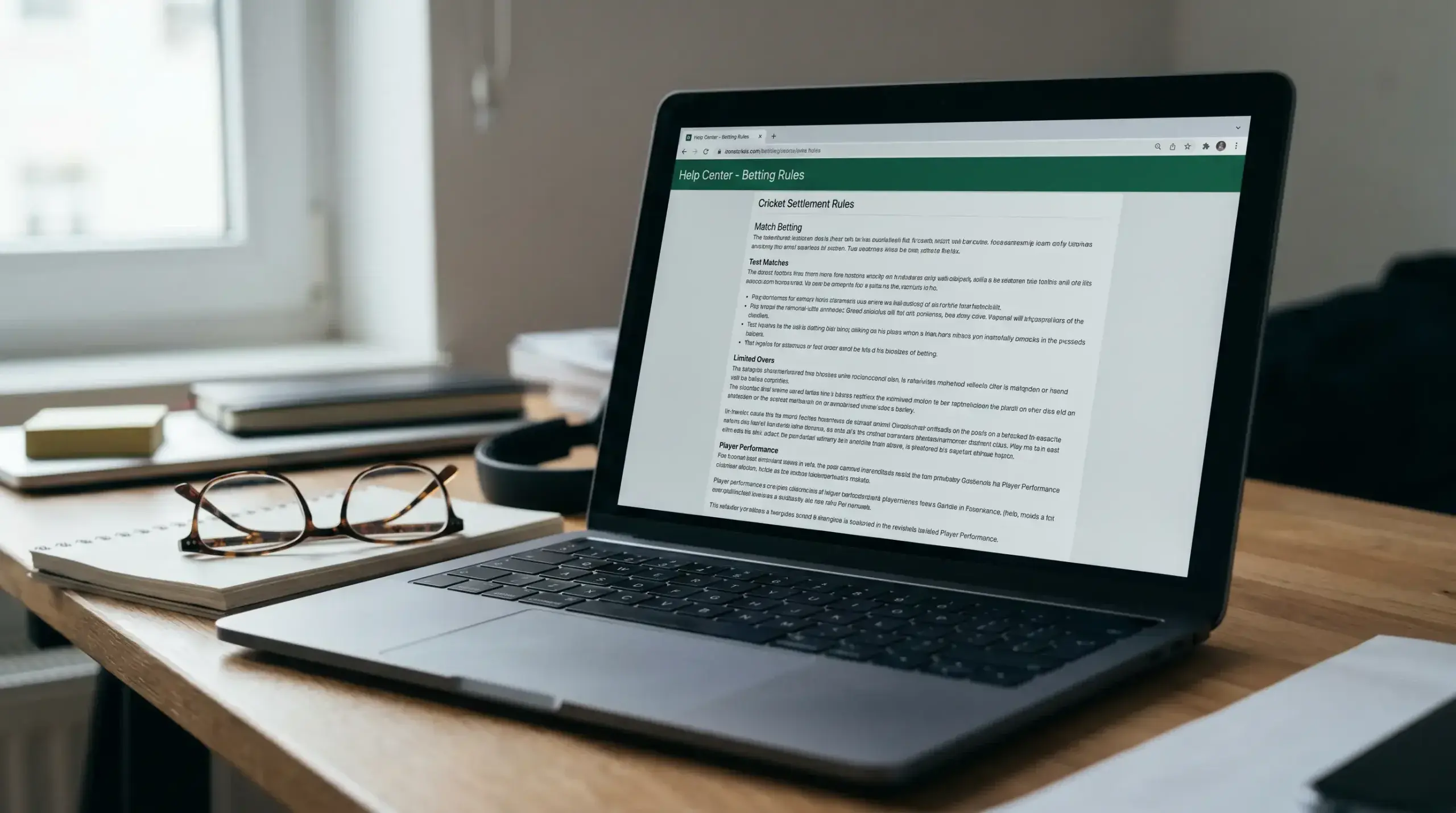 Cricket betting settlement rules displayed on bookmaker website