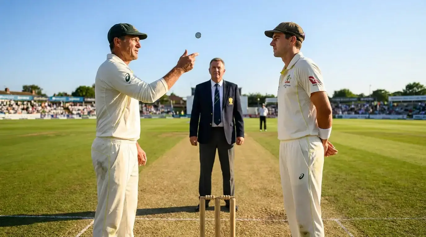 Two cricket captains at the centre of the pitch during the coin toss ceremony