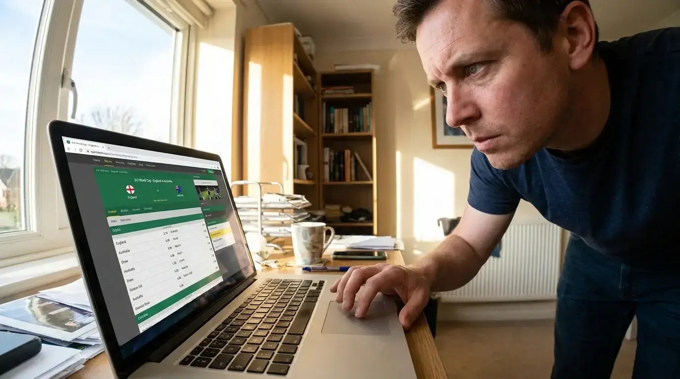Bettor using cricket free bet strategically on laptop