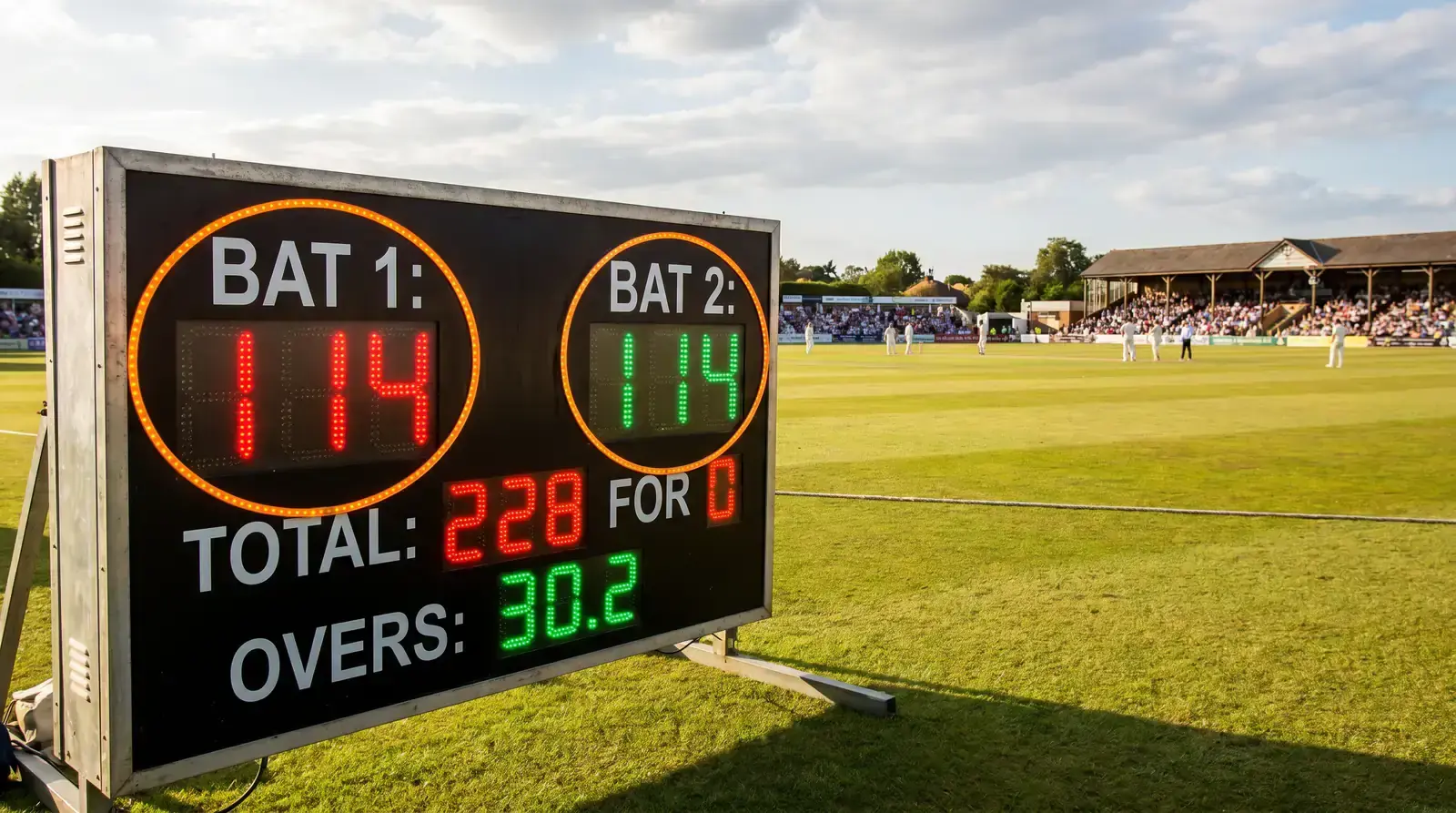 Cricket scoreboard showing tied batting scores for dead heat rules