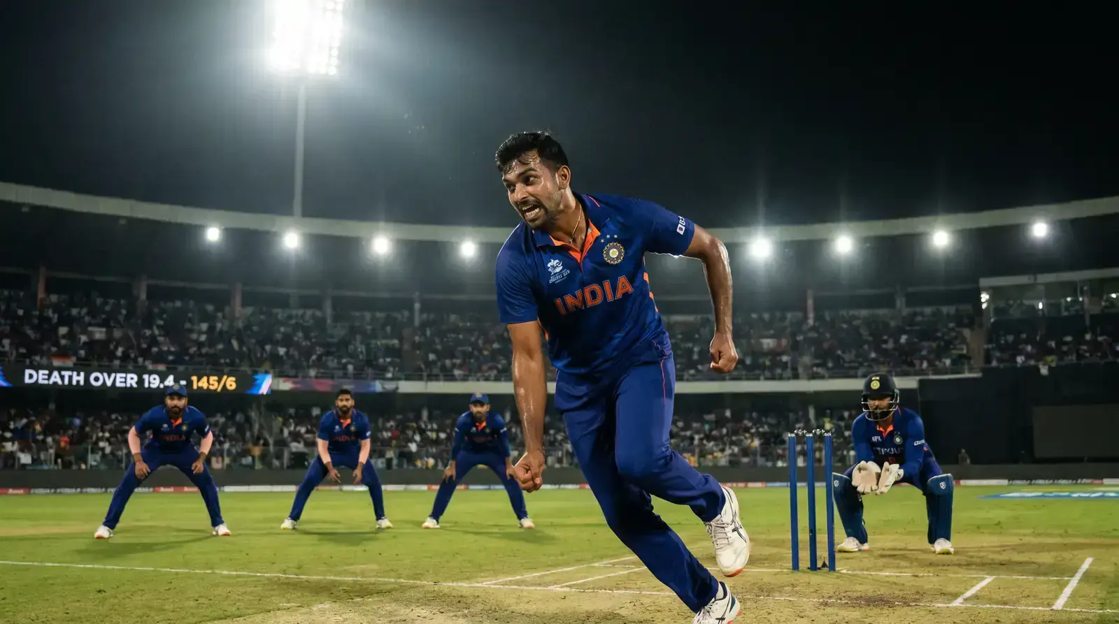 Fast bowler delivering in T20 death overs under floodlights