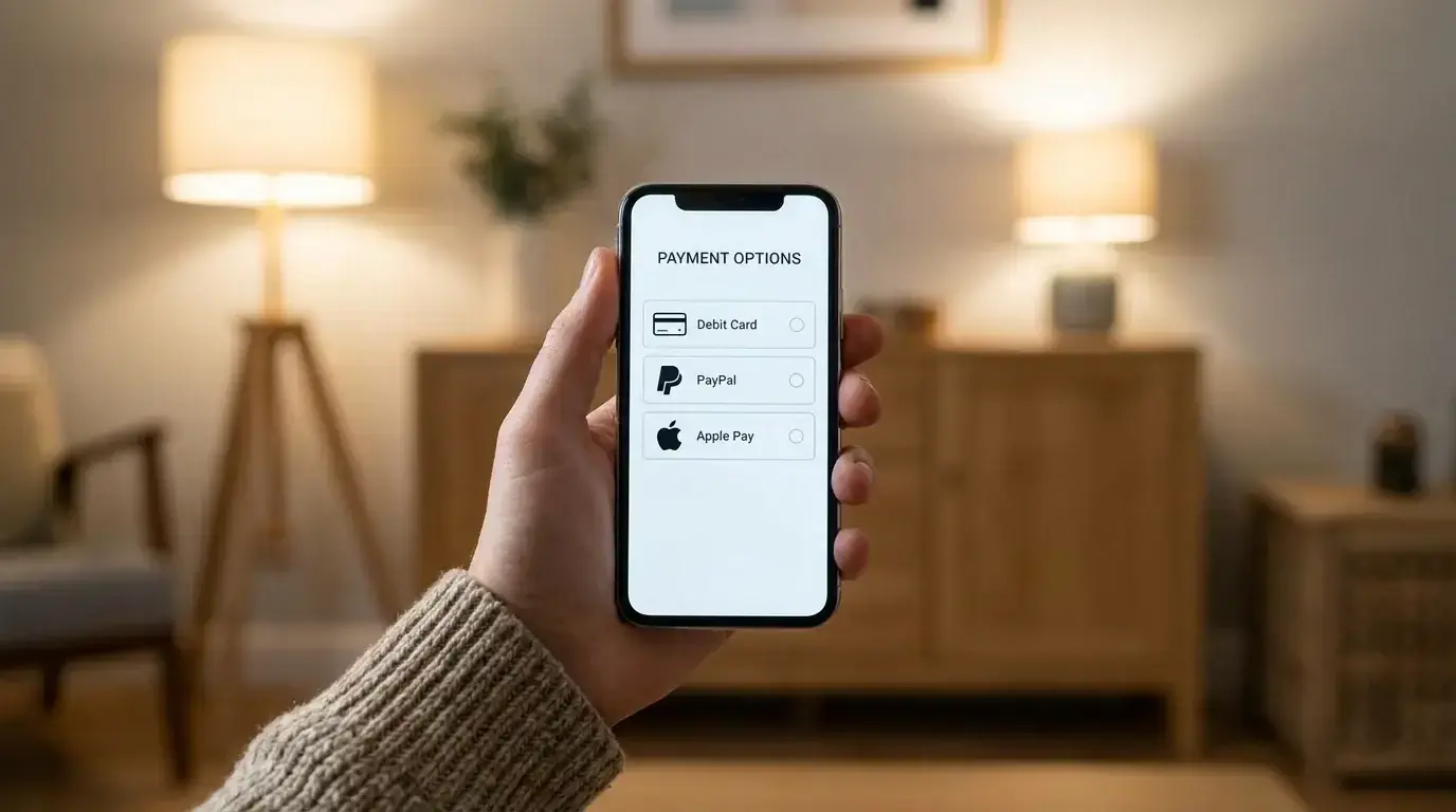 Close-up of a smartphone showing payment method options including PayPal and debit card