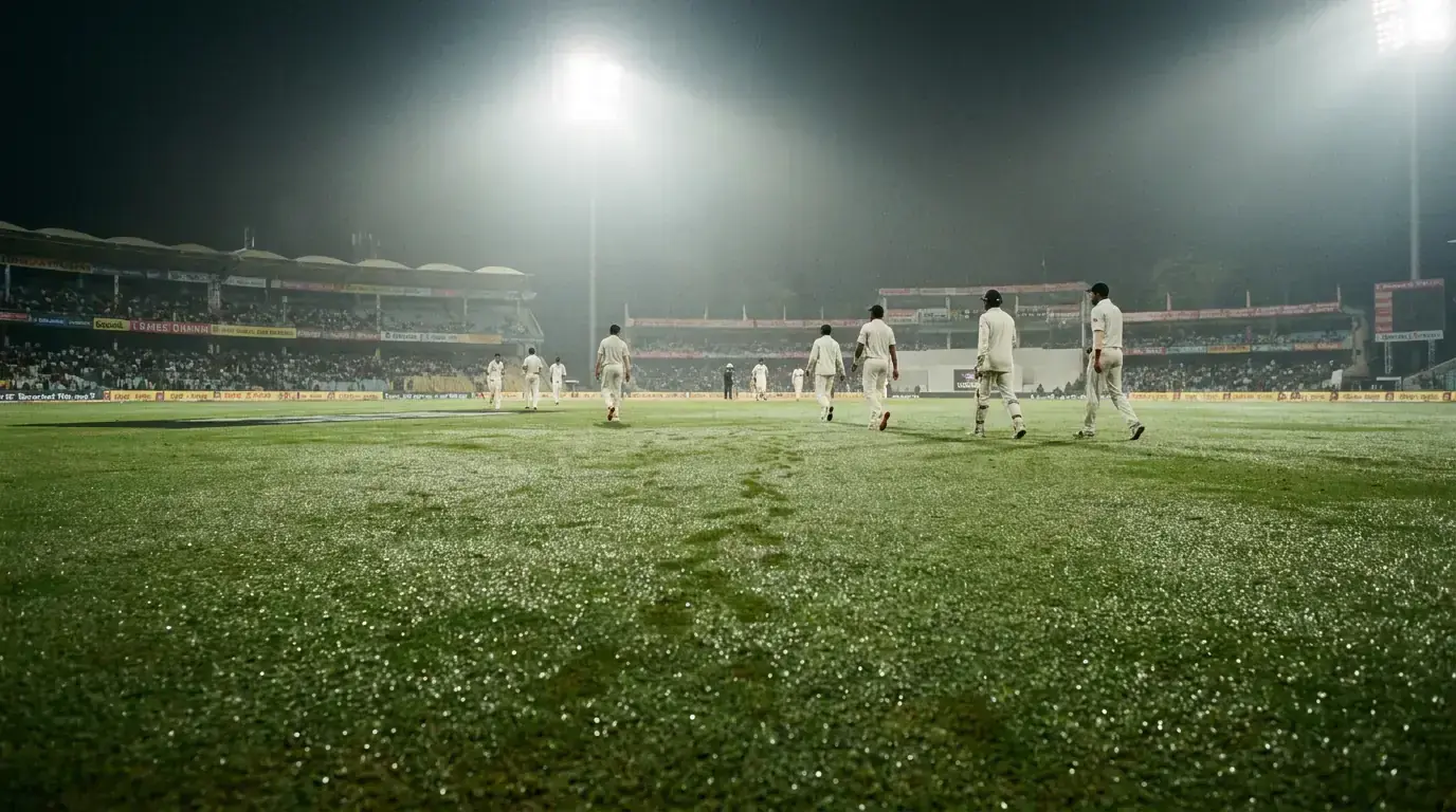 Dew on cricket outfield during evening match affecting play