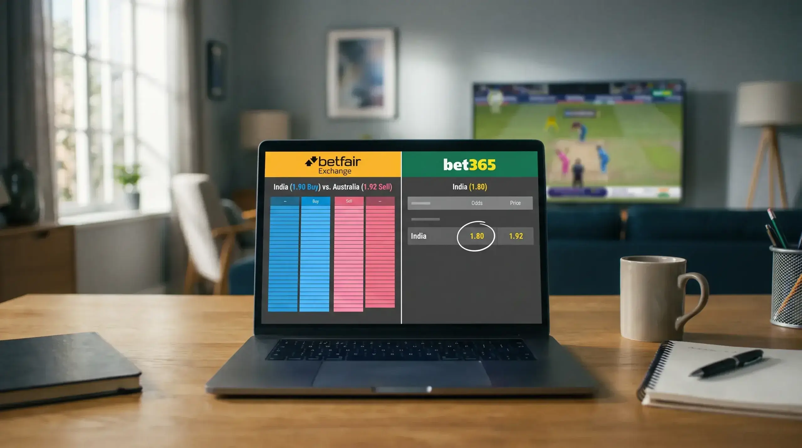 Exchange odds leading bookmaker pricing on cricket match winner