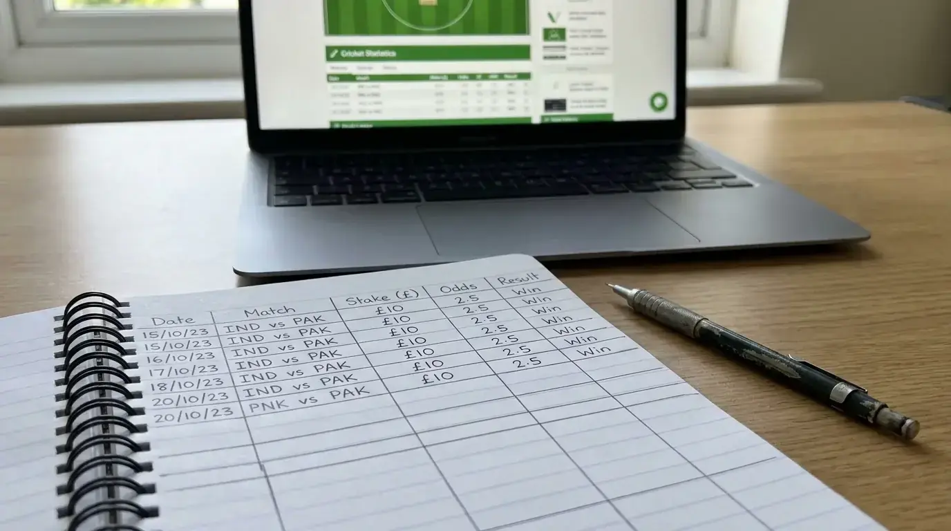Neat staking plan table in a notebook showing consistent unit stakes across multiple cricket bets