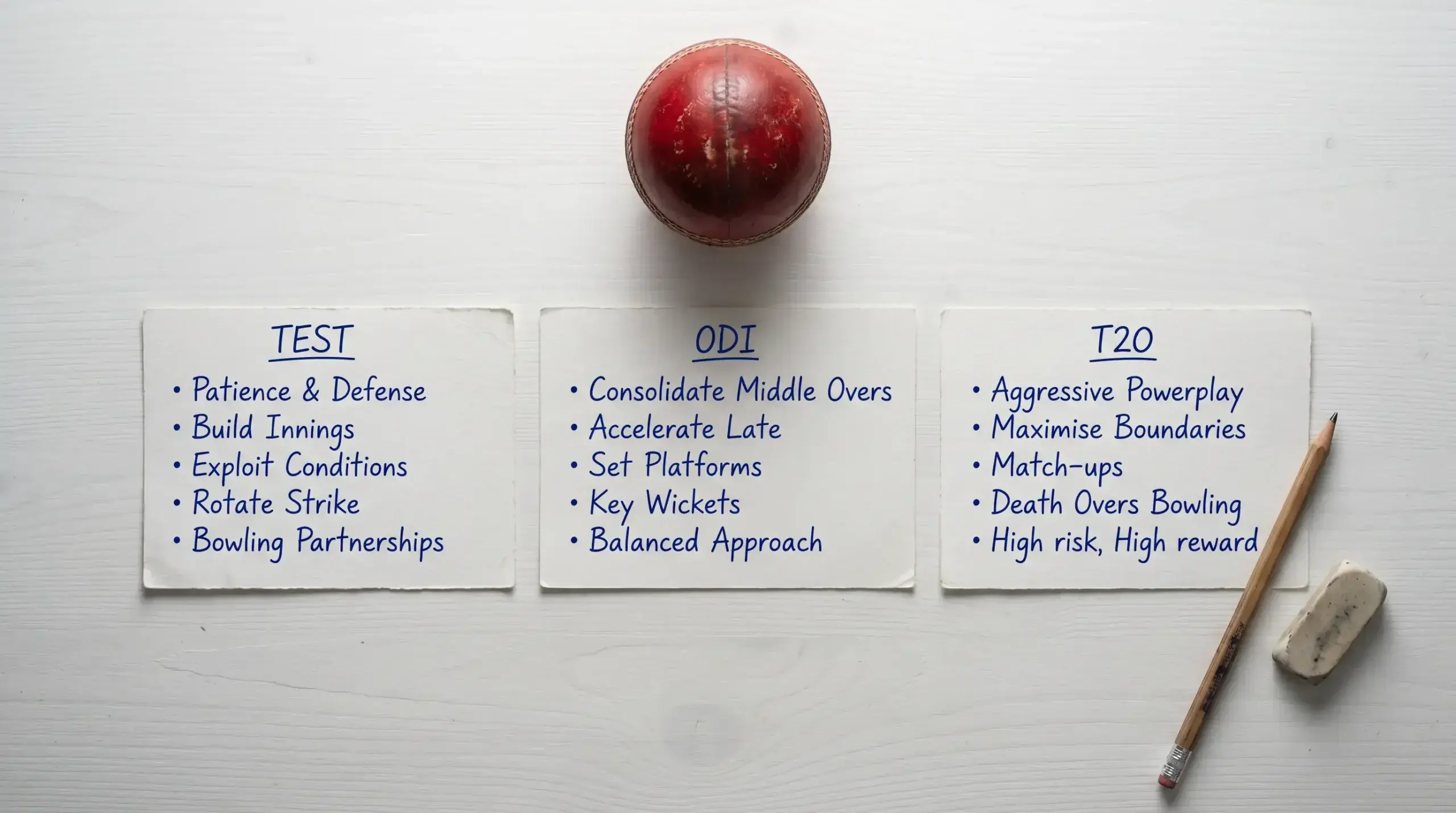Three cricket format cards showing Test, T20 and ODI with key strategic differences highlighted