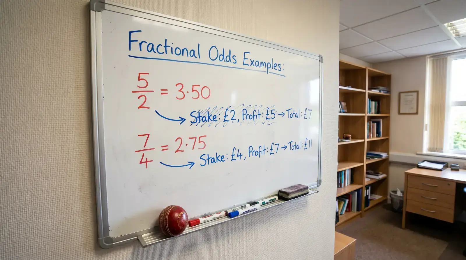 Whiteboard showing fractional odds conversion examples with cricket match scenarios