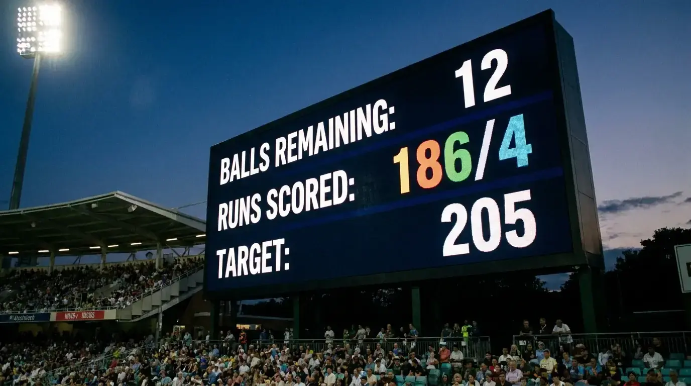 Digital scoreboard at The Hundred match showing balls remaining