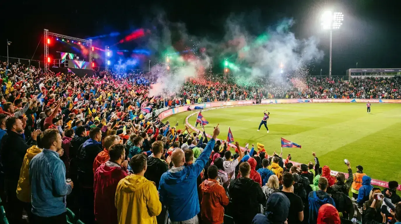 Enthusiastic crowd at The Hundred cricket match with colourful team merchandise and floodlights
