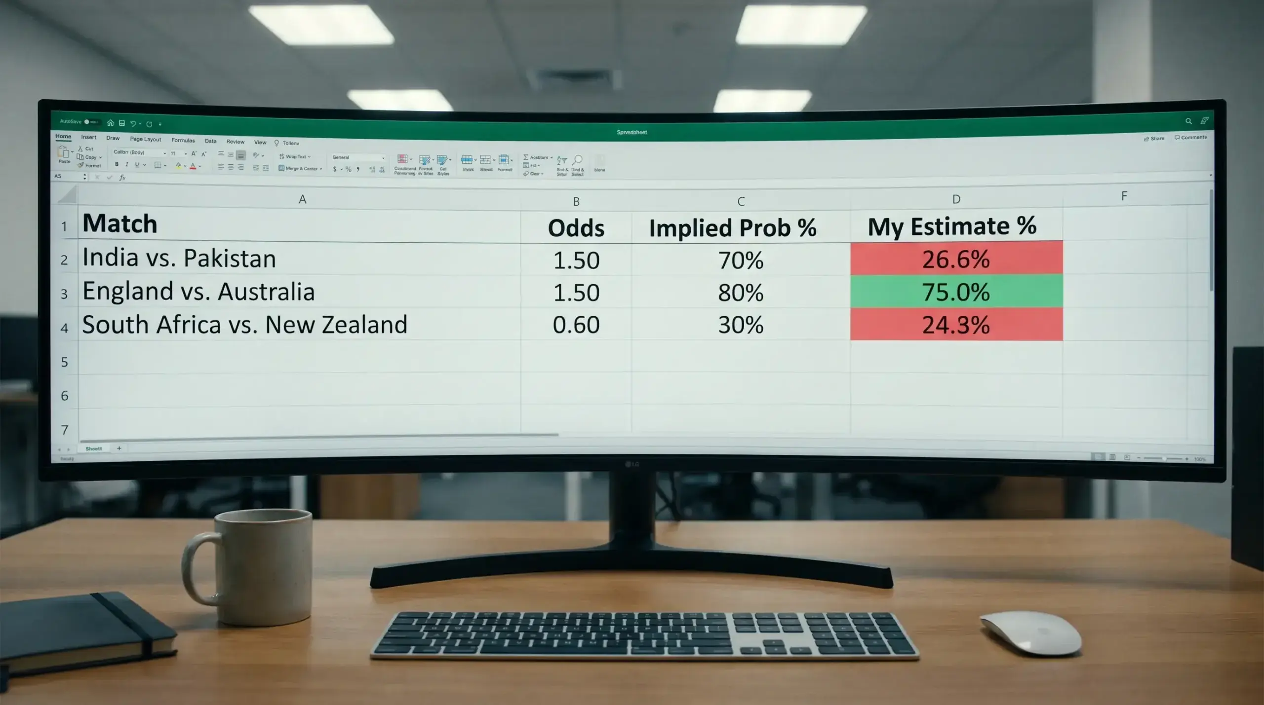 Spreadsheet on a monitor showing implied probability calculations for cricket match odds