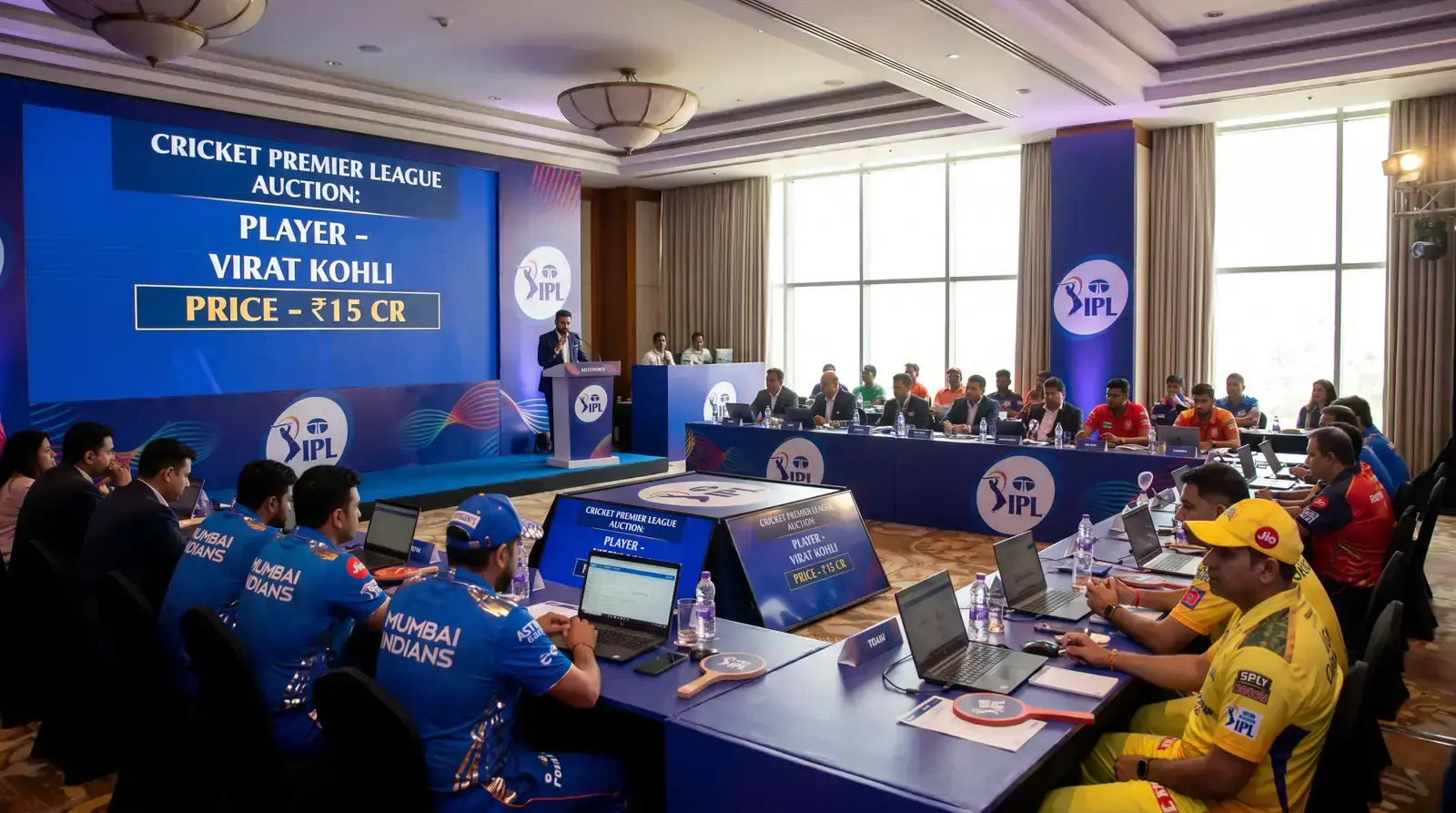 IPL player auction process showing franchise team building