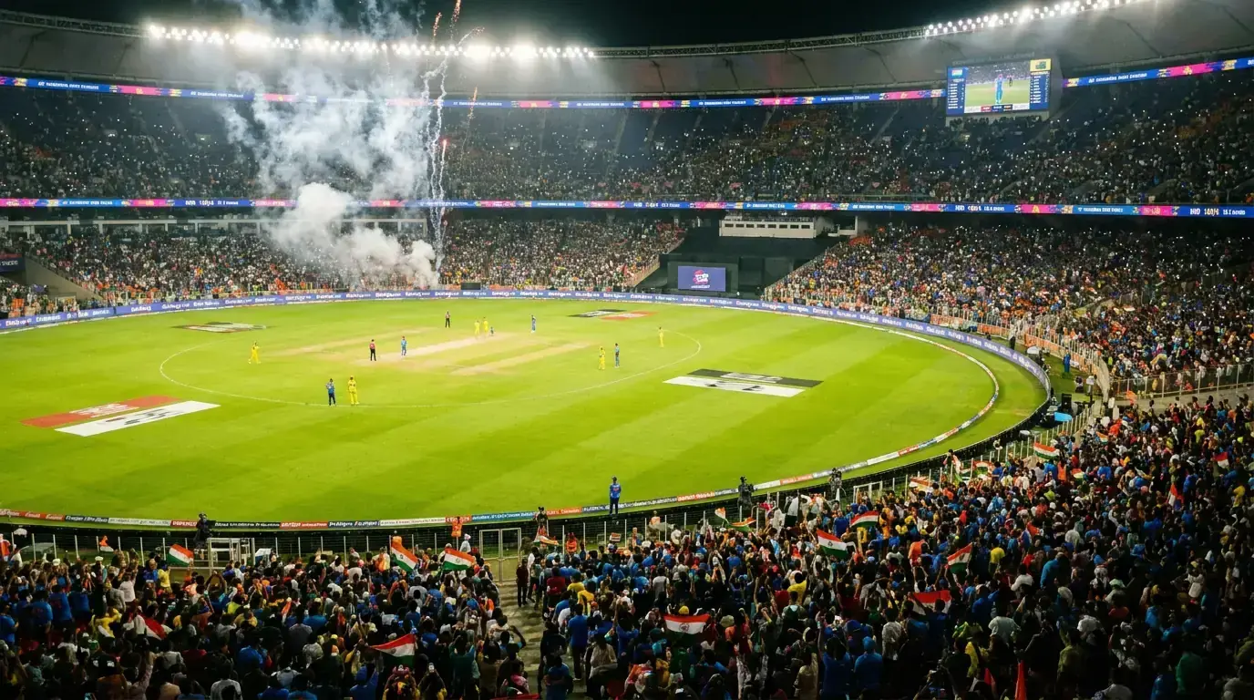 Floodlit IPL cricket stadium during an evening T20 match