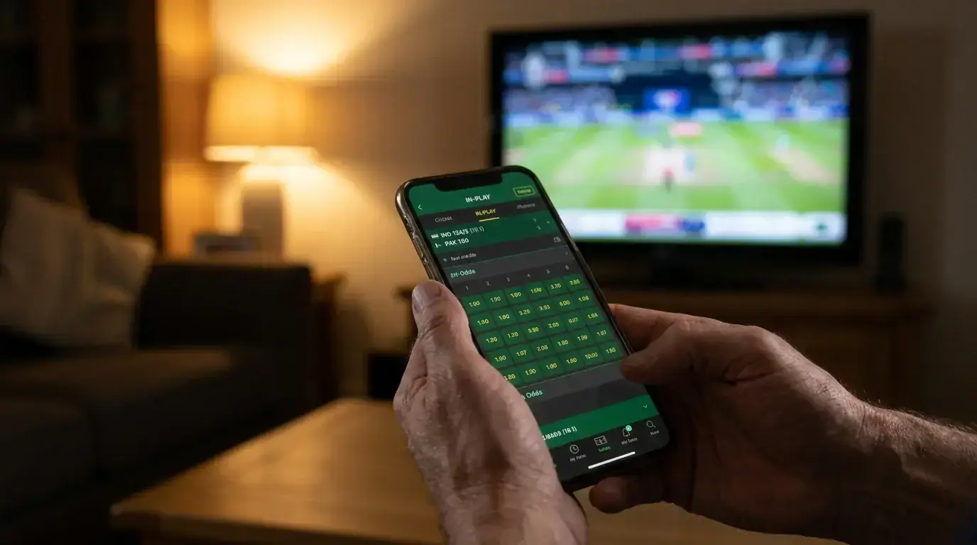 Mobile phone showing live cricket betting odds during IPL match