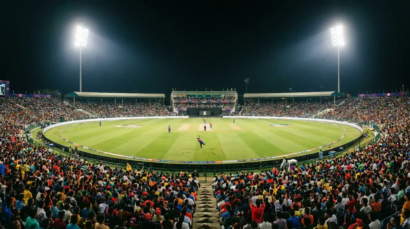 Cricket stadium under floodlights during an evening T20 match with a packed crowd