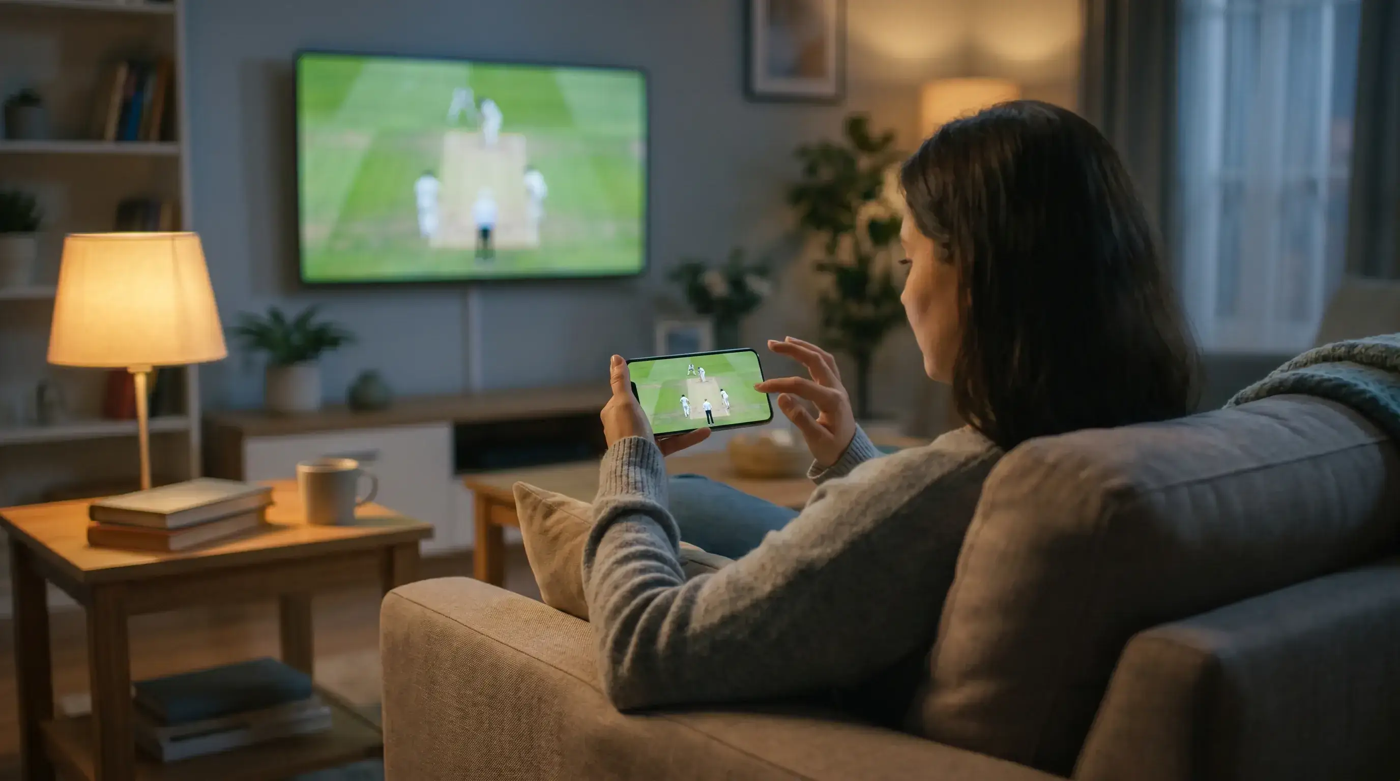 Person holding a smartphone watching a live cricket match stream while reviewing in-play betting odds