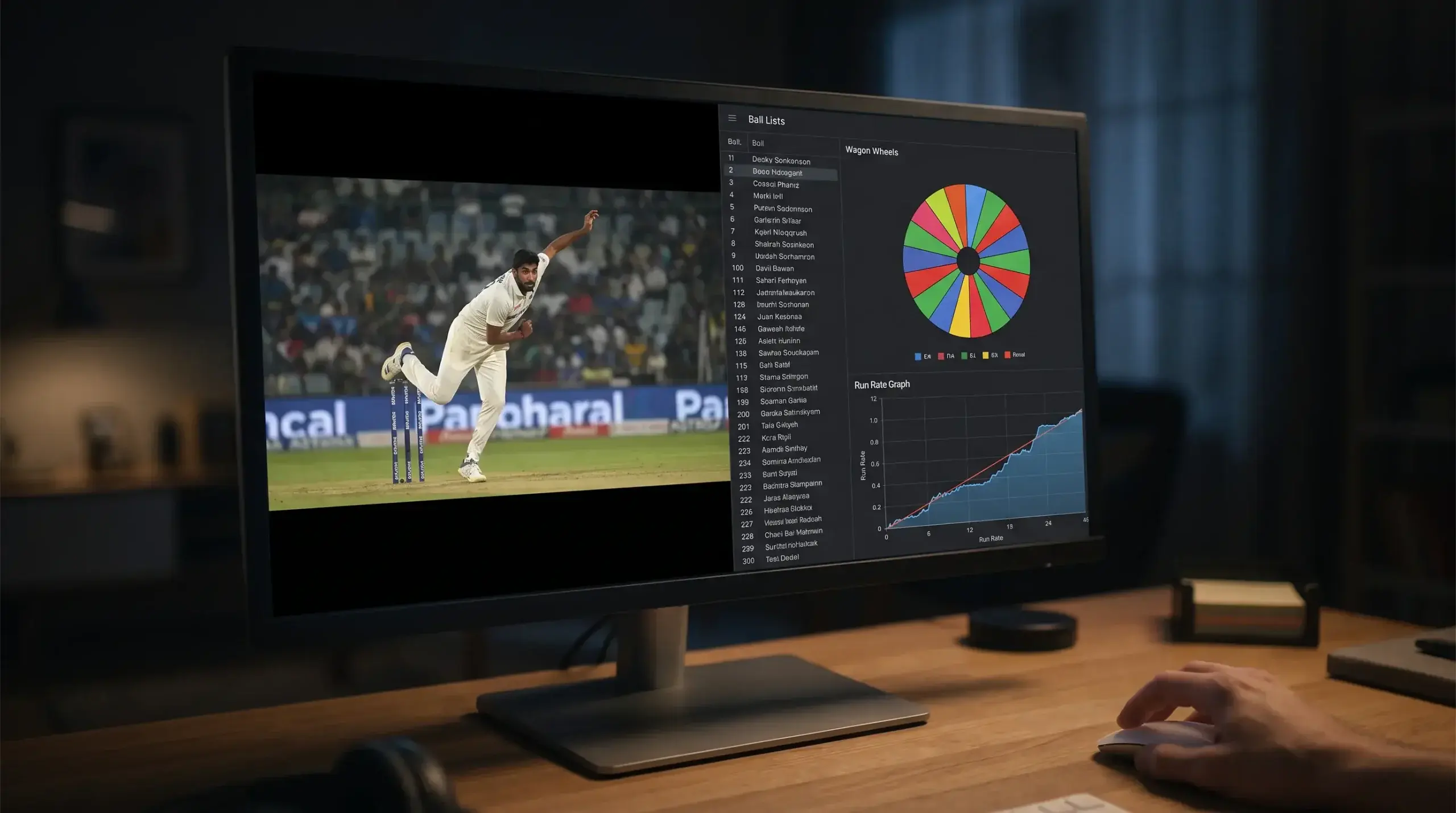 Split-screen view of a cricket live stream alongside ball-by-ball scoring data
