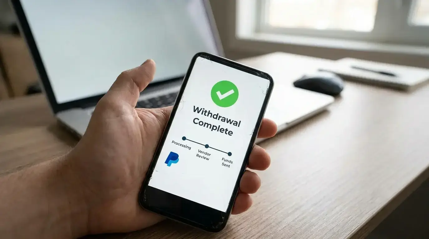 Smartphone showing a completed withdrawal confirmation with a PayPal payment timeline