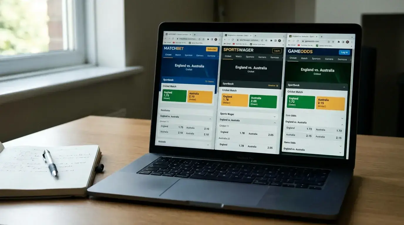 Laptop screen with multiple browser tabs comparing cricket odds from different bookmakers