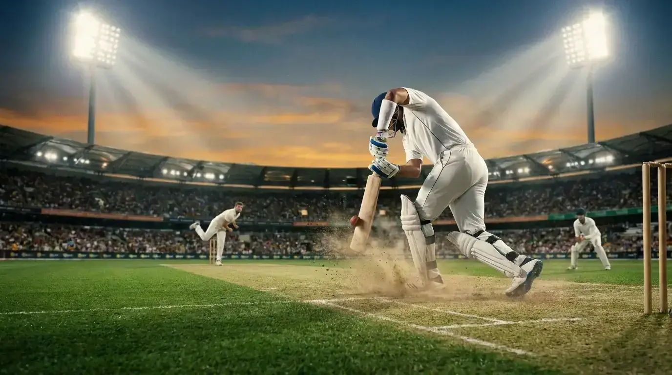 Online betting cricket match — batsman playing a shot under floodlights at a UK cricket ground